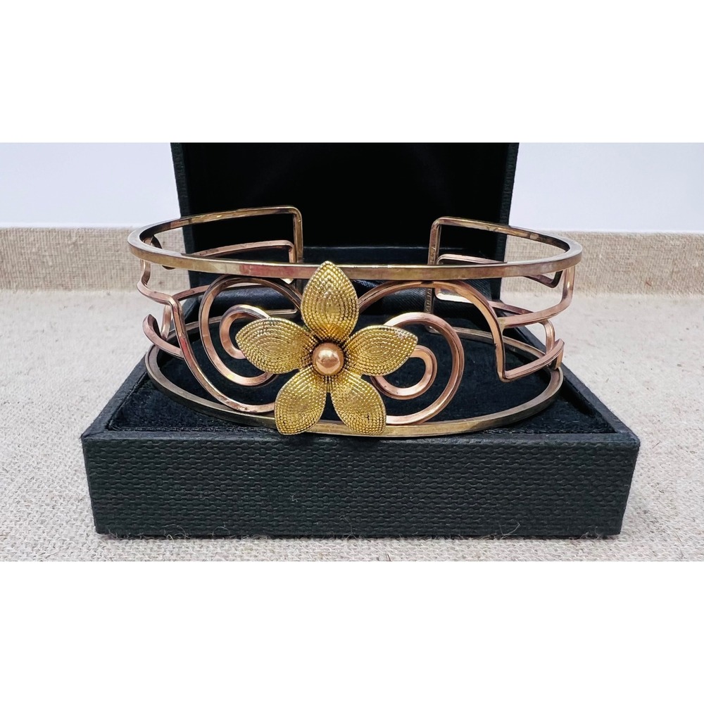 Vintage Krementz Rose Yellow Gold Overlay Flower Filigree Cuff Bracelet